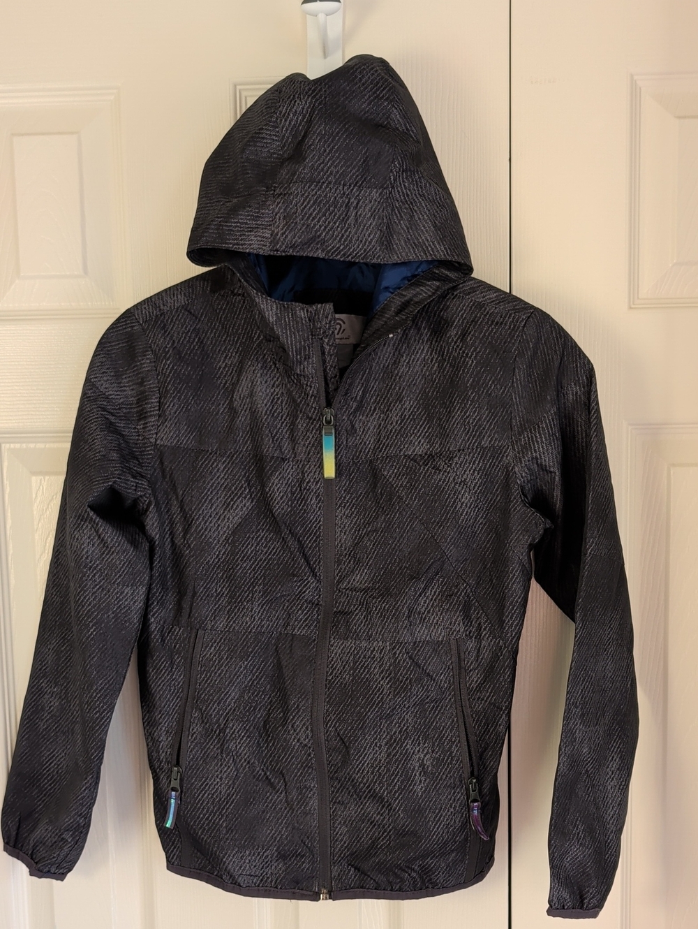 Champion Black Hooded Raincoat with Subtle Charcoal Pattern